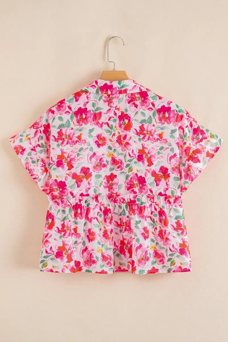 Pink Floral Boxy Fit Ruffled Short Sleeve V Neck Blouse - Love Salve
